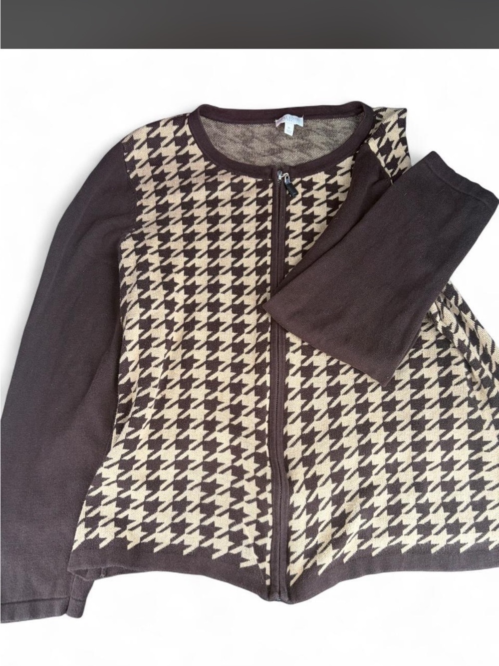 Talbots Brown and Cream Houndstooth Zip-Front Cardigan